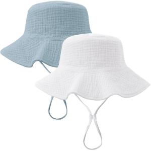 imageKonssy 2 Pack Muslin Baby Sun Hat UPF 50 Sun Protection Baby Bucket Hat Summer Beach Hats with Wide Brim for Boys ampamp GirlsBluewhite