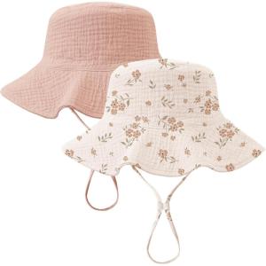 imageKonssy 2 Pack Muslin Baby Sun Hat UPF 50 Sun Protection Baby Bucket Hat Summer Beach Hats with Wide Brim for Boys ampamp GirlsPinkfloral