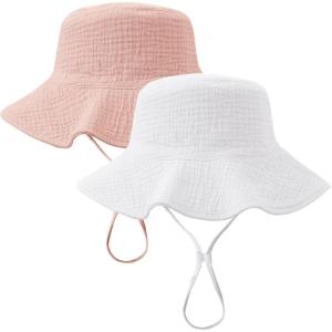 imageKonssy 2 Pack Muslin Baby Sun Hat UPF 50 Sun Protection Baby Bucket Hat Summer Beach Hats with Wide Brim for Boys ampamp GirlsPinkwhite