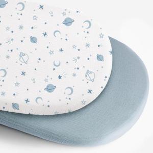 imageKonssy 2 Pack Muslin Bassinet Sheets for Baby Boy 100 Cotton Soft Breathable Bassinet Mattress Sheets Fit for Hourglass Oval Cradle Rectangle Mattress Fog GreenCreamStar blue