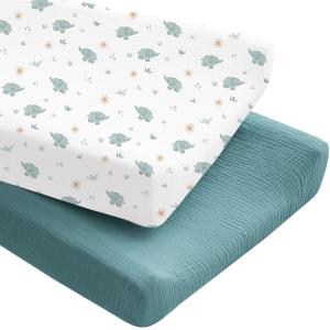 imageKonssy 2 Pack Muslin Changing Pad Covers for Boys Ultra Soft ampamp Breathable Cotton Baby Diaper Changing Table Covers Neutral Nursery Diaper Changing Pad Sheets Fog GreenCreamElephant  Teal
