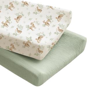 imageKonssy 2 Pack Muslin Changing Pad Covers for Boys Ultra Soft ampamp Breathable Cotton Baby Diaper Changing Table Covers Neutral Nursery Diaper Changing Pad Sheets Fog GreenCreamWoodland  Sage