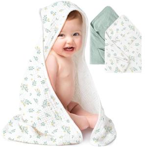 imageKonssy 2Pack Muslin Hooded Baby Towels 100 Cotton UltraSoft ampamp Absorbent Baby Bath Towels with Hood for Newborn ampamp Infant Pink Floral30quot x 30quotGreen  Leafy