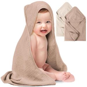 imageKonssy 2Pack Muslin Hooded Baby Towels 100 Cotton UltraSoft ampamp Absorbent Baby Bath Towels with Hood for Newborn ampamp Infant Pink Floral30quot x 30quotCream  Camel