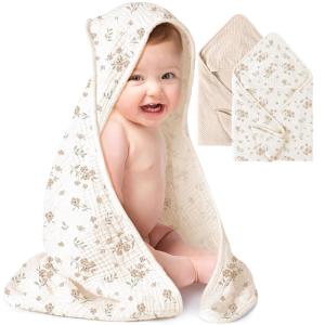 imageKonssy 2Pack Muslin Hooded Baby Towels 100 Cotton UltraSoft ampamp Absorbent Baby Bath Towels with Hood for Newborn ampamp Infant Pink Floral30quot x 30quotCream  Blossom