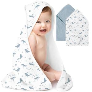 imageKonssy 2Pack Muslin Hooded Baby Towels 100 Cotton UltraSoft ampamp Absorbent Baby Bath Towels with Hood for Newborn ampamp Infant Pink Floral30quot x 30quotBlue  Blue Whale