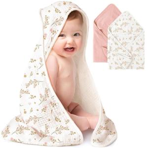 imageKonssy 2Pack Muslin Hooded Baby Towels 100 Cotton UltraSoft ampamp Absorbent Baby Bath Towels with Hood for Newborn ampamp Infant Pink Floral30quot x 30quotPink  Floral