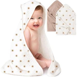 imageKonssy 2Pack Muslin Hooded Baby Towels 100 Cotton UltraSoft ampamp Absorbent Baby Bath Towels with Hood for Newborn ampamp Infant Pink Floral30quot x 30quotCamel  Sun