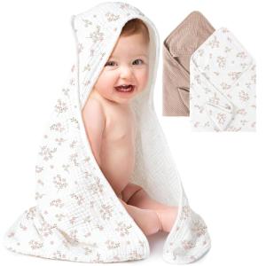 imageKonssy 2Pack Muslin Hooded Baby Towels 100 Cotton UltraSoft ampamp Absorbent Baby Bath Towels with Hood for Newborn ampamp Infant Pink Floral30quot x 30quotTaupe soft Blooms