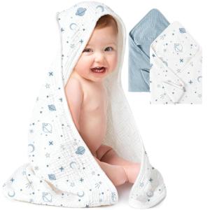 imageKonssy 2Pack Muslin Hooded Baby Towels 100 Cotton UltraSoft ampamp Absorbent Baby Bath Towels with Hood for Newborn ampamp Infant Pink Floral30quot x 30quotBlue  Star