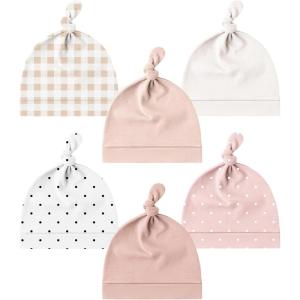 imageKonssy 6 Pack Baby Newborn Hats Set Knot Beanie Hats Soft for Infant Baby Girls Boys Caps 06 MonthsCheckered dots white Dots beige pink baby Pink