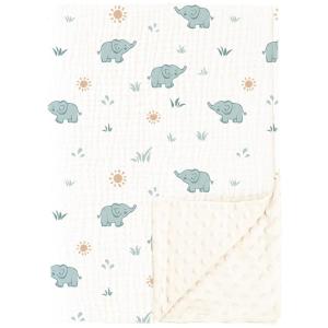 imageKonssy Baby Blankets for Unisex Boys Girls Super Soft Nursery Minky Blankets with Muslin Cotton Front and Dotted Fleece Backing Printed Bed Throws NewbornElephant