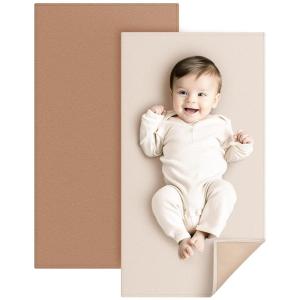 imageKonssy Faux Leather Baby Changing Mat 2 Pack Waterproof Wipeable ampamp Portable Diaper Changing Pad for Travel or Home Foldable Mat Fits Perfectly in Diaper Bag 30 x 17 inches BrownBeigeBrown  Beige