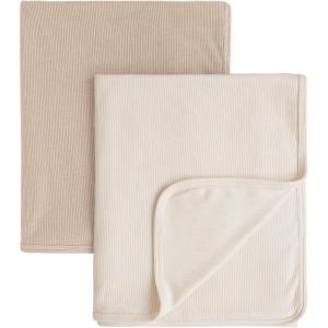 imageKonssy Knit Baby Blanket 2 Pack Soft Ribbed Swaddle Receiving Blankets for Boys ampamp Girls Lightweight Cozy Swaddling Wrap for Newborns Infants ampamp Toddlers 33x42 Inch Beige SageCamel  Beige