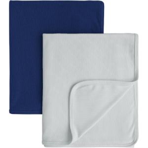 imageKonssy Knit Baby Blanket 2 Pack Soft Ribbed Swaddle Receiving Blankets for Boys ampamp Girls Lightweight Cozy Swaddling Wrap for Newborns Infants ampamp Toddlers 33x42 Inch Beige SageNavy  Blue Gray