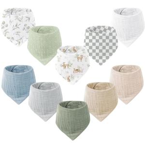 imageKonssy Muslin Baby Bibs 10 Pack Baby Bandana Drool Bibs 100 Cotton for Unisex Boys and Girls Soft Absorbent Set for Teething and DroolingGreenery