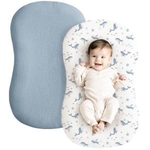 imageKonssy Muslin Baby Lounger Cover 2 Pack 100 Cotton Newborn Lounger Cover Soft and Breathable Baby Nest Slipcover for Boys Girls CamelSunBlue Whale blue