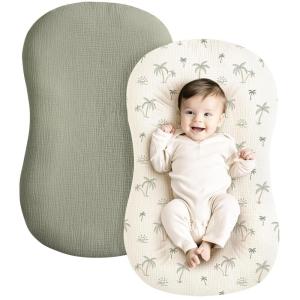 imageKonssy Muslin Baby Lounger Cover 2 Pack 100 Cotton Newborn Lounger Cover Soft and Breathable Baby Nest Slipcover for Boys Girls CamelSunTree  Fog green