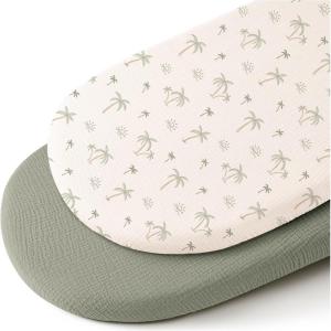 imageKonssy Muslin Bassinet Sheets for Baby Girl Boy 2 Pack Soft Breathable Baby Bassinet Mattress Sheets Fit for Hourglass Oval Cradle Moses Basket Rectangle Mattress Floral PinkTree fog Green