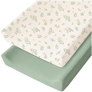 imageKonssy Muslin Changing Pad Cover for Baby Girls Boys 100 Cotton Fitted Diaper Chang Table Covers Soft Breathable Changing Pad Sheets 2 Pack FloralPinkLeafy  Green