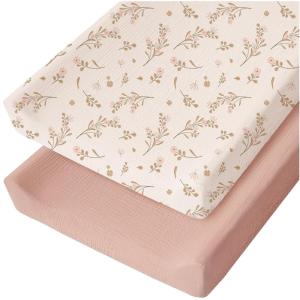 imageKonssy Muslin Changing Pad Cover for Baby Girls Boys 100 Cotton Fitted Diaper Chang Table Covers Soft Breathable Changing Pad Sheets 2 Pack FloralPinkFloral  Pink