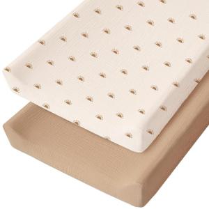 imageKonssy Muslin Changing Pad Cover for Baby Girls Boys 100 Cotton Fitted Diaper Chang Table Covers Soft Breathable Changing Pad Sheets 2 Pack FloralPinkCamel  Sun