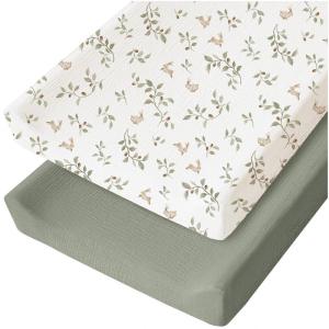 imageKonssy Muslin Changing Pad Cover for Baby Girls Boys 100 Cotton Fitted Diaper Chang Table Covers Soft Breathable Changing Pad Sheets 2 Pack FloralPinkRabbit Fog Green