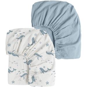imageKonssy Muslin Crib Sheets for Girl Boy 2 PCS Soft and Breathable Cotton Baby Sheets for Standard Crib Mattress 52quotx 28quot Floral PinkBlue Whale blue