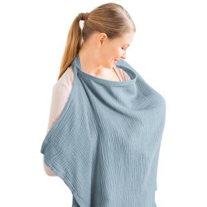 imageKonssy Muslin Nursing Cover for Baby Breastfeeding Breathable 100 Cotton Breastfeeding Cover with Rigid Hoop for Mother Nursing Apron Multiuse Carseat Canopy Summer WheatBlue