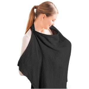imageKonssy Muslin Nursing Cover for Baby Breastfeeding Breathable 100 Cotton Breastfeeding Cover with Rigid Hoop for Mother Nursing Apron Multiuse Carseat Canopy Summer WheatBlack