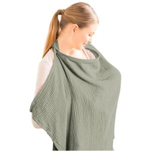 imageKonssy Muslin Nursing Cover for Baby Breastfeeding Breathable 100 Cotton Breastfeeding Cover with Rigid Hoop for Mother Nursing Apron Multiuse Carseat Canopy Summer WheatFog Green
