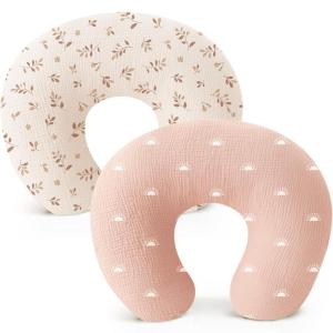 imageKonssy Muslin Nursing Pillow Covers Soft and Cute Nursing Covers for Breastfeeding Pillows Ideal for Newborn Baby Boys and Girls Fog Green Cream  2 PackBrown Leaf  Pink Sun