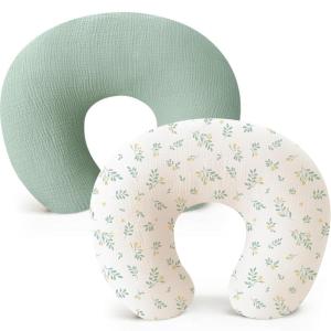 imageKonssy Muslin Nursing Pillow Covers Soft and Cute Nursing Covers for Breastfeeding Pillows Ideal for Newborn Baby Boys and Girls Fog Green Cream  2 PackGreen  Leafy