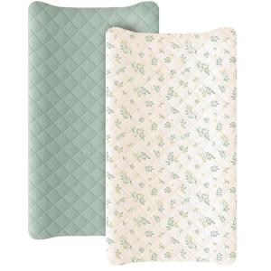 imageKonssy Waterproof Muslin Changing Pad Cover 2 Pack Quilted Cotton Fitted Diaper Chang Table Cover Soft Changing Pad Sheets for Girls Boys BlossomPinkLeafy  Green
