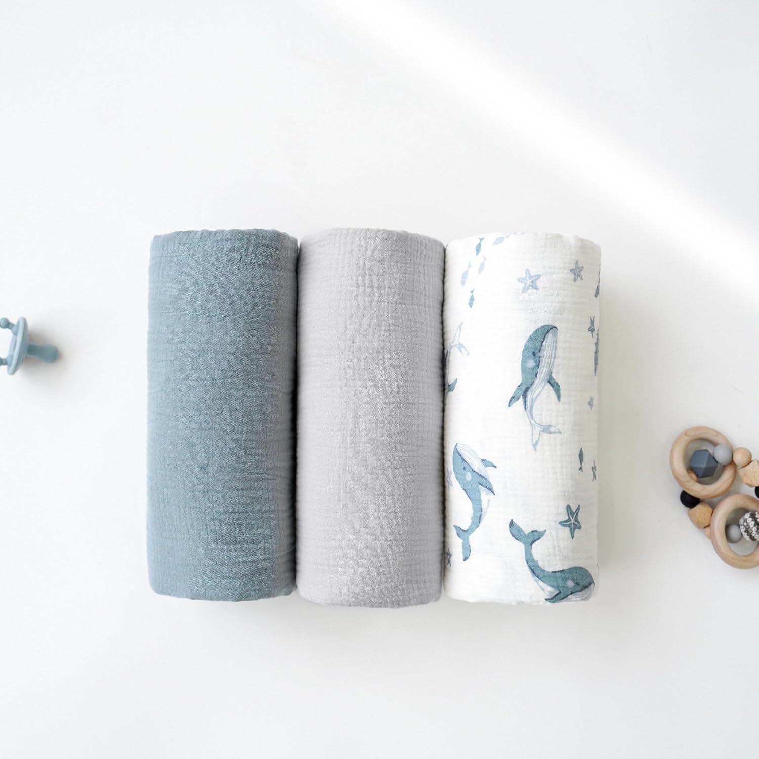 imageKonssy 3 Pack Muslin Swaddle Blankets for Unisex Newborn Receiving Blanket Large 47 x 47 inches Soft Breathable Muslin Baby Swaddles for Boys ampamp GirlsWhale