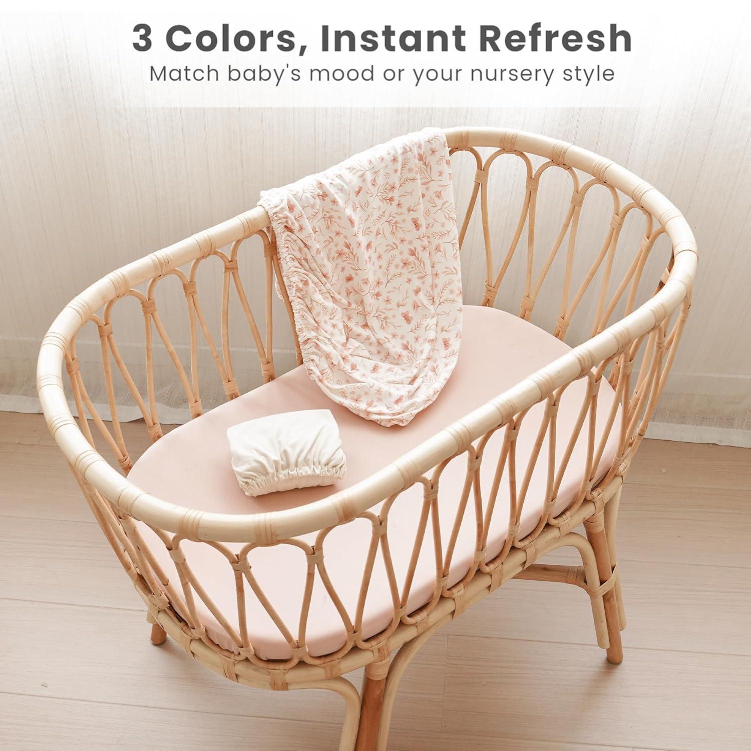 imageKonssy 3 Pack Stretchy Bassinet Sheets for Baby Girl Boy Soft Breathable Baby Bassinet Mattress Sheets Fit for Hourglass Oval Cradle Moses Basket Rectangle Mattress Pink SpringPink Spring