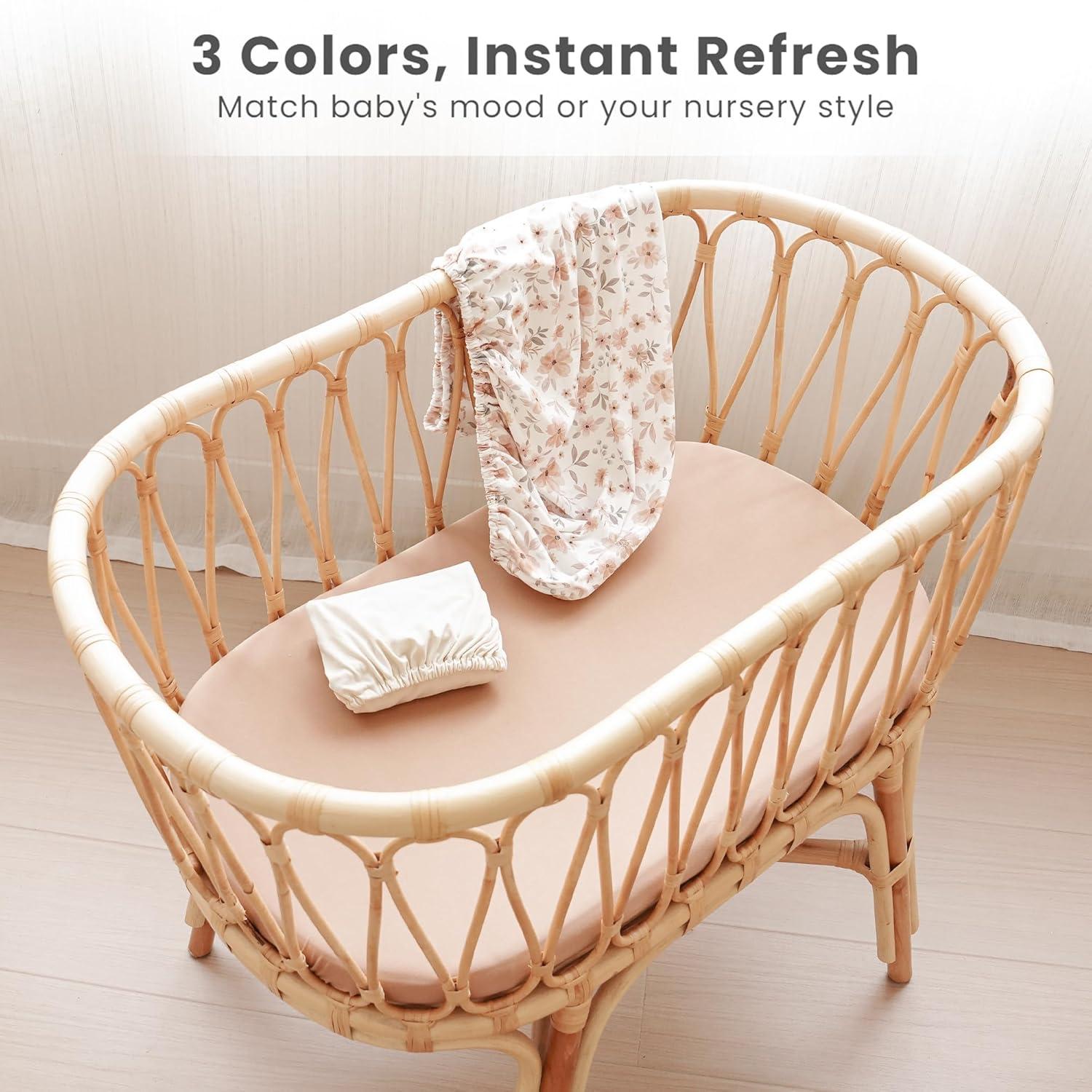 imageKonssy 3 Pack Stretchy Bassinet Sheets for Baby Girl Boy Soft Breathable Baby Bassinet Mattress Sheets Fit for Hourglass Oval Cradle Moses Basket Rectangle Mattress Pink SpringFlourish