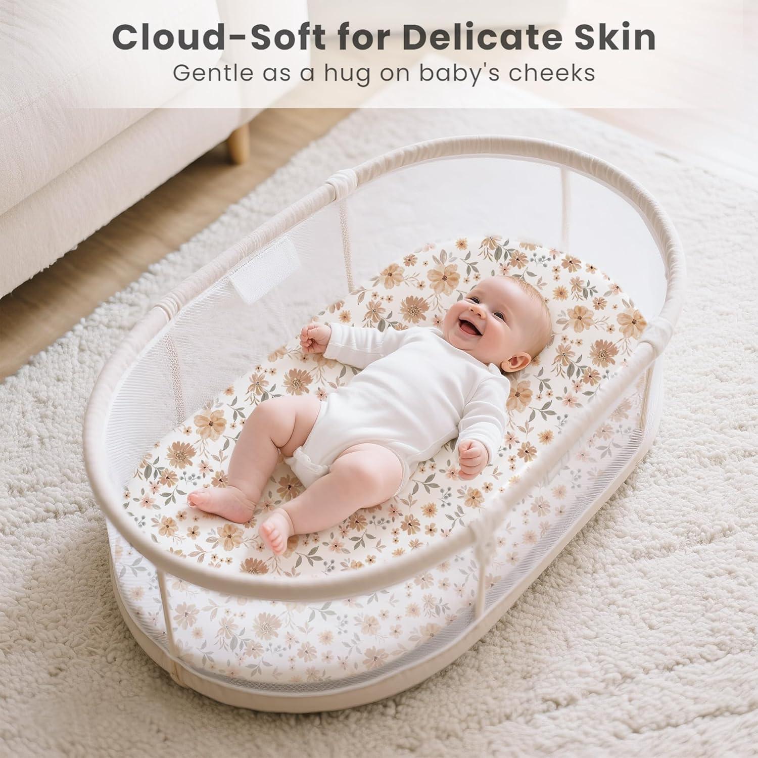 imageKonssy 3 Pack Stretchy Bassinet Sheets for Baby Girl Boy Soft Breathable Baby Bassinet Mattress Sheets Fit for Hourglass Oval Cradle Moses Basket Rectangle Mattress Pink SpringFlourish