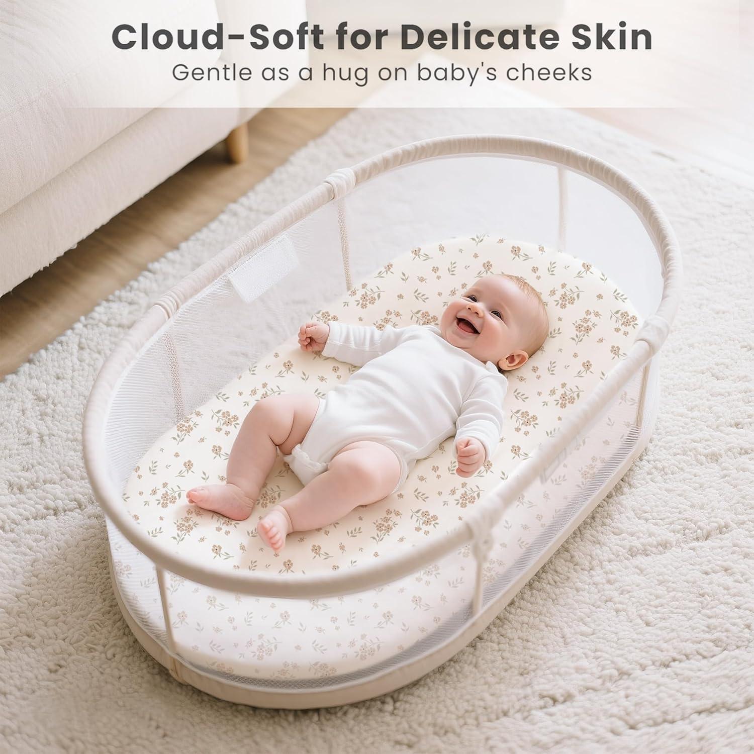 imageKonssy 3 Pack Stretchy Bassinet Sheets for Baby Girl Boy Soft Breathable Baby Bassinet Mattress Sheets Fit for Hourglass Oval Cradle Moses Basket Rectangle Mattress Pink SpringBlossom