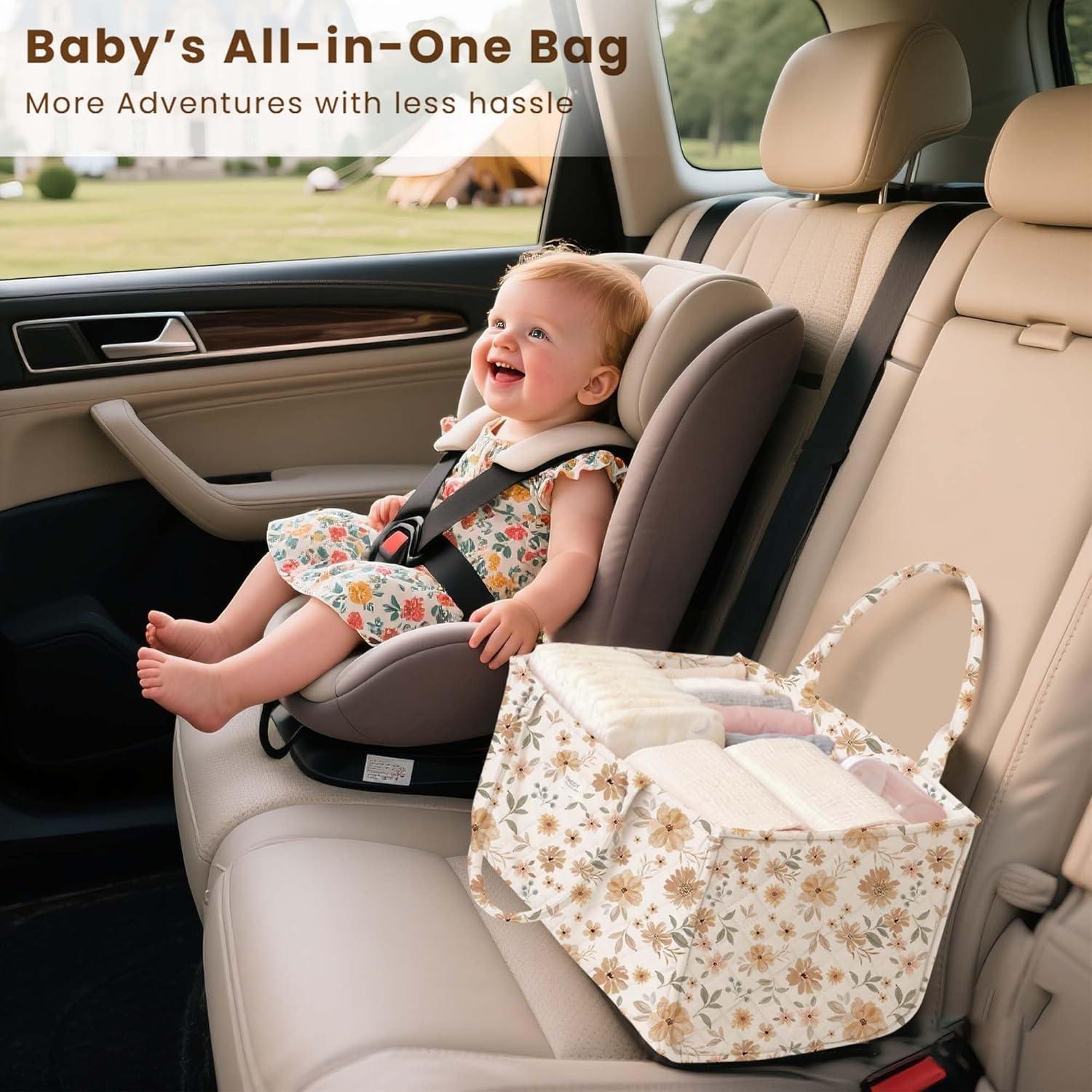 imageKonssy Baby Diaper Bag Caddy Organizer Nappy Bag Newborn Baby Essentials Gift for Baby Shower Baby Registry Portable Nursey Basket with Removable Divider Must Haves for Baby Girls and BoysFlourish