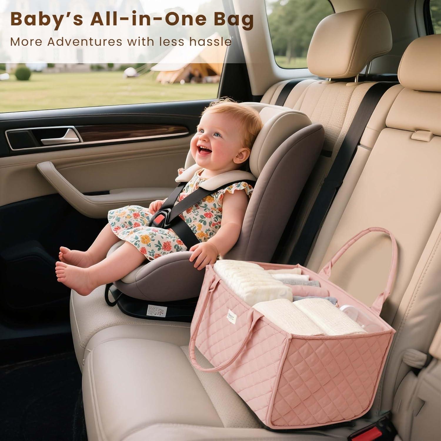 imageKonssy Baby Diaper Bag Caddy Organizer Nappy Bag Newborn Baby Essentials Gift for Baby Shower Baby Registry Portable Nursey Basket with Removable Divider Must Haves for Baby Girls and BoysPink