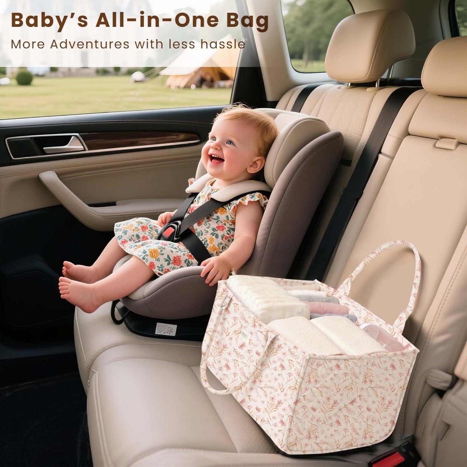 imageKonssy Baby Diaper Bag Caddy Organizer Nappy Bag Newborn Baby Essentials Gift for Baby Shower Baby Registry Portable Nursey Basket with Removable Divider Must Haves for Baby Girls and BoysPink Spring