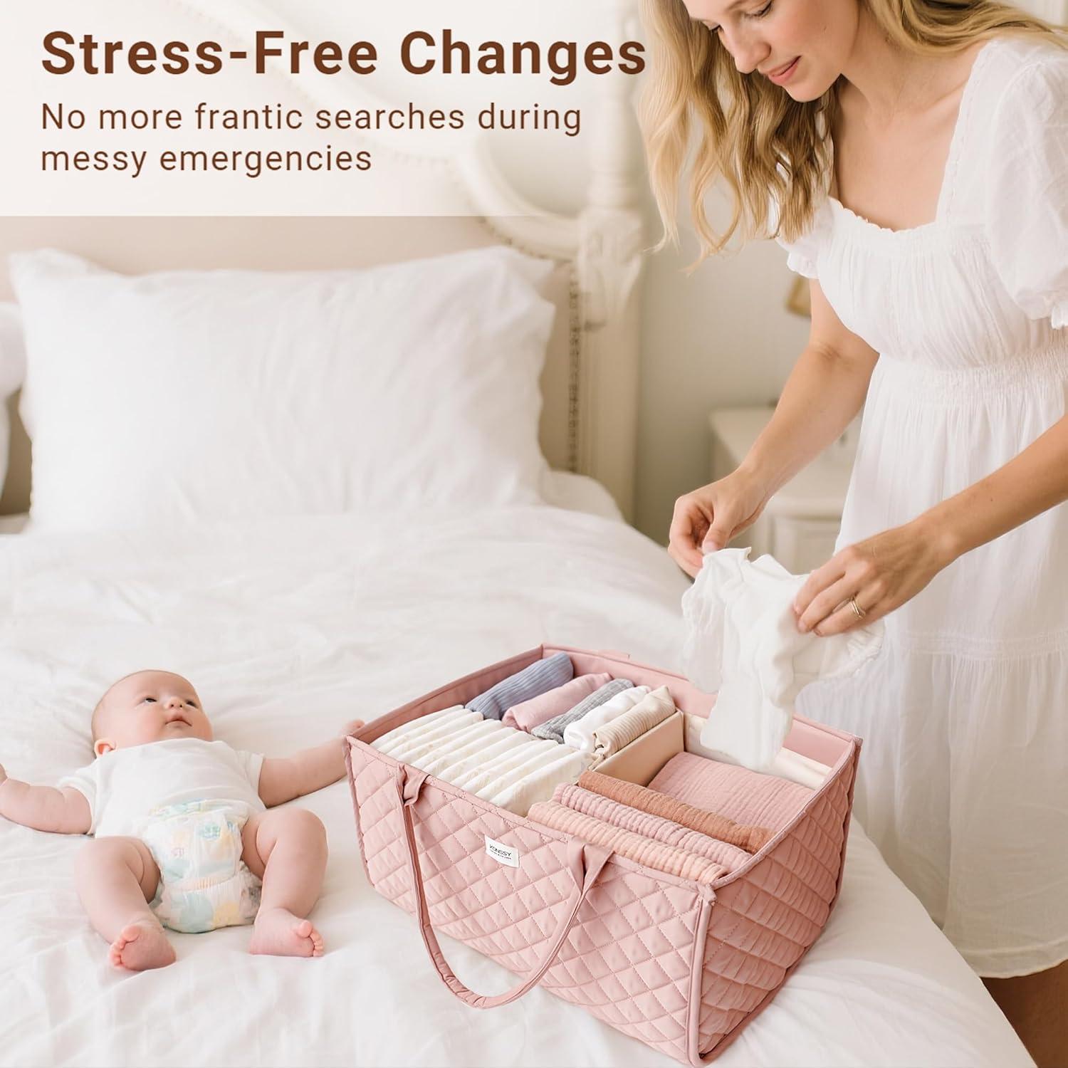 imageKonssy Baby Diaper Caddy Organizer with Removable Divider Portable Diaper Bag Newborn Essentials Gift for Baby Shower and Registry Nursey Basket Tote Bag Must Have for MomsPink