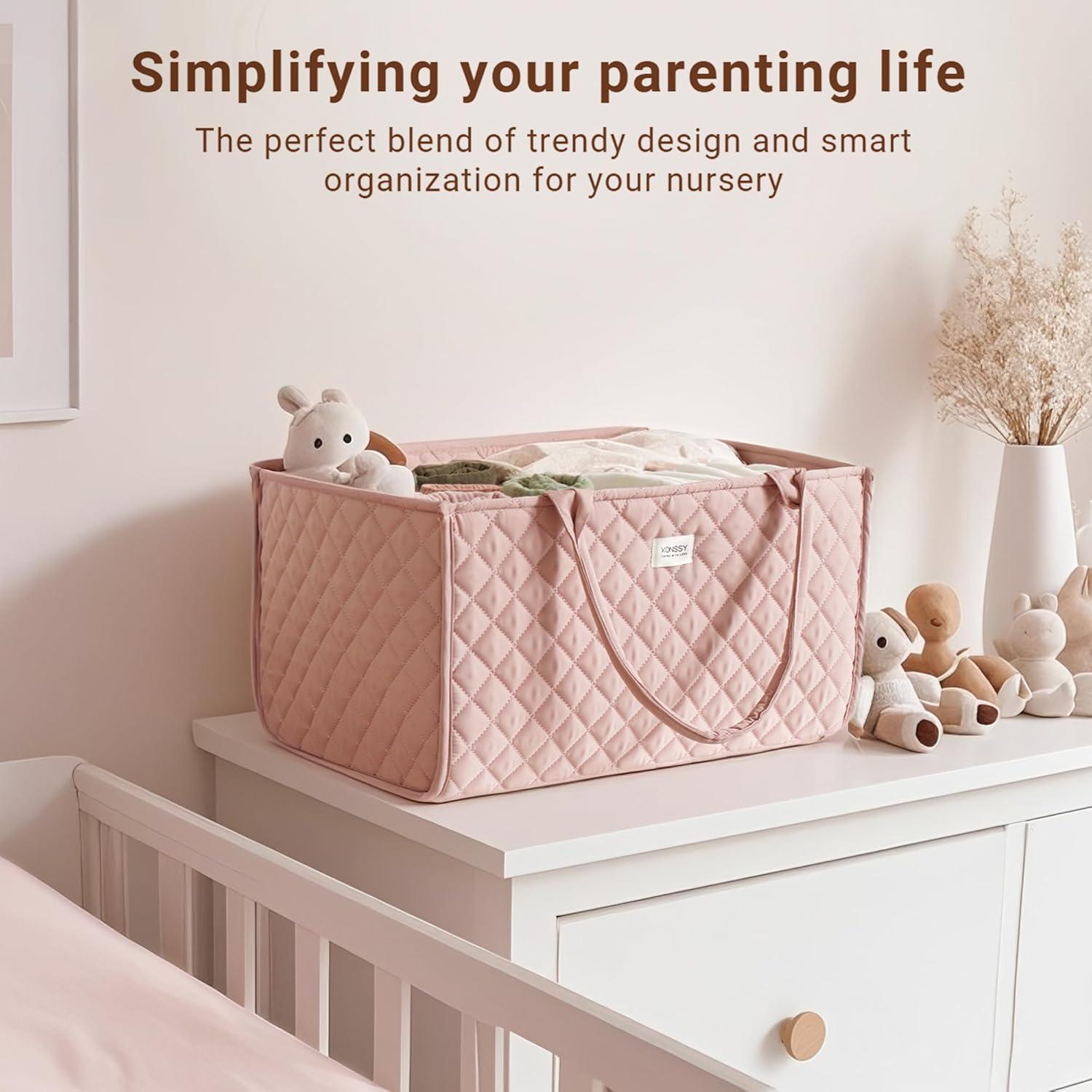 imageKonssy Baby Diaper Caddy Organizer with Removable Divider Portable Diaper Bag Newborn Essentials Gift for Baby Shower and Registry Nursey Basket Tote Bag Must Have for MomsPink