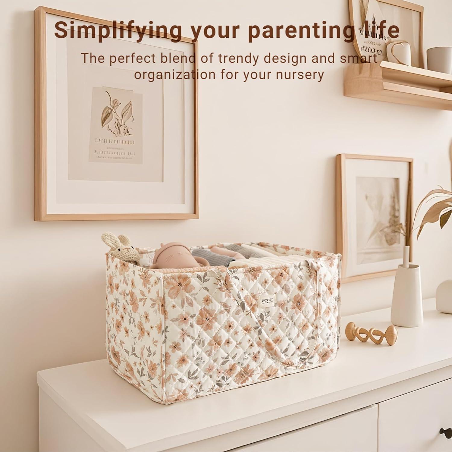 imageKonssy Baby Diaper Caddy Organizer with Removable Divider Portable Diaper Bag Newborn Essentials Gift for Baby Shower and Registry Nursey Basket Tote Bag Must Have for MomsFlourish