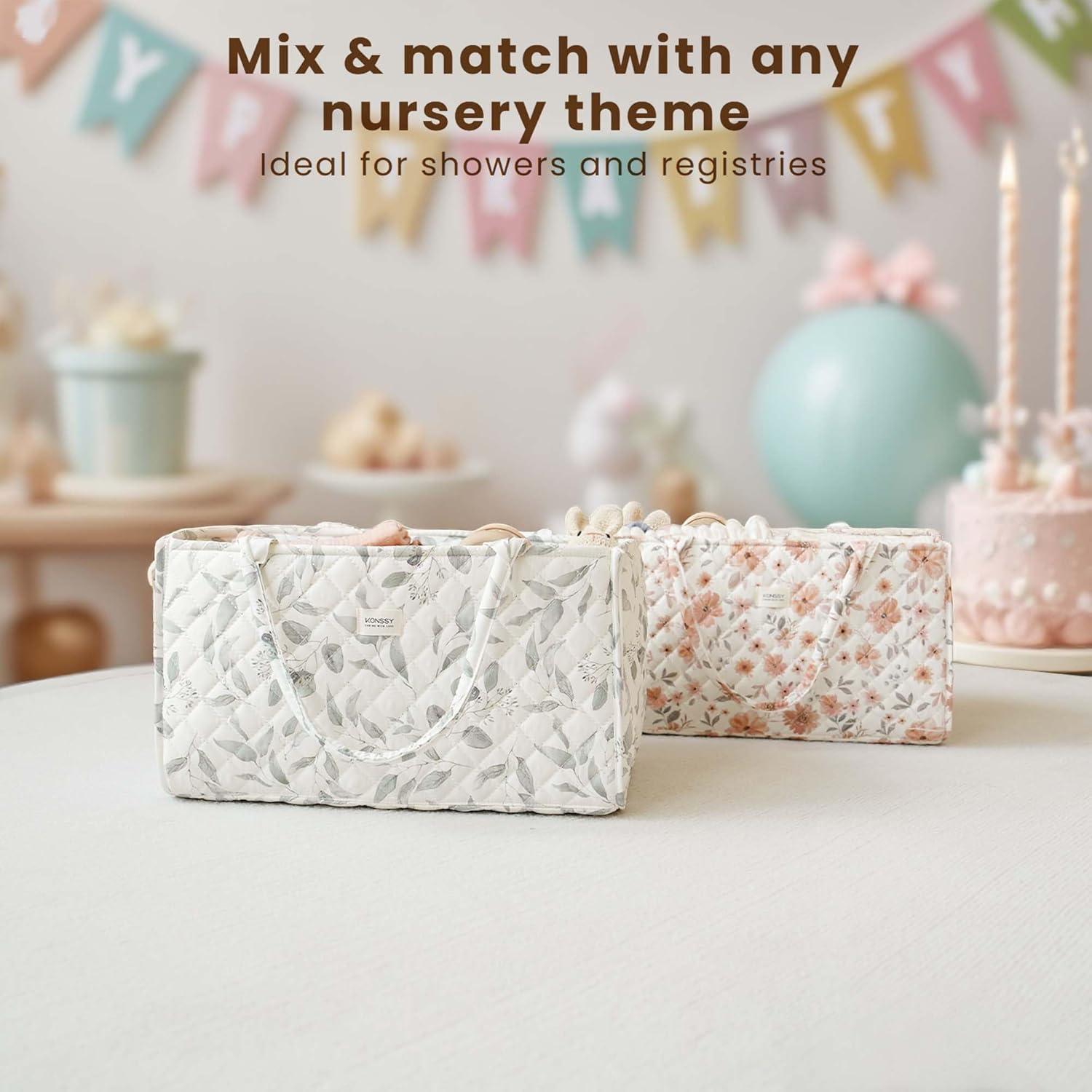 imageKonssy Baby Diaper Caddy Organizer with Removable Divider Portable Diaper Bag Newborn Essentials Gift for Baby Shower and Registry Nursey Basket Tote Bag Must Have for MomsFlourish