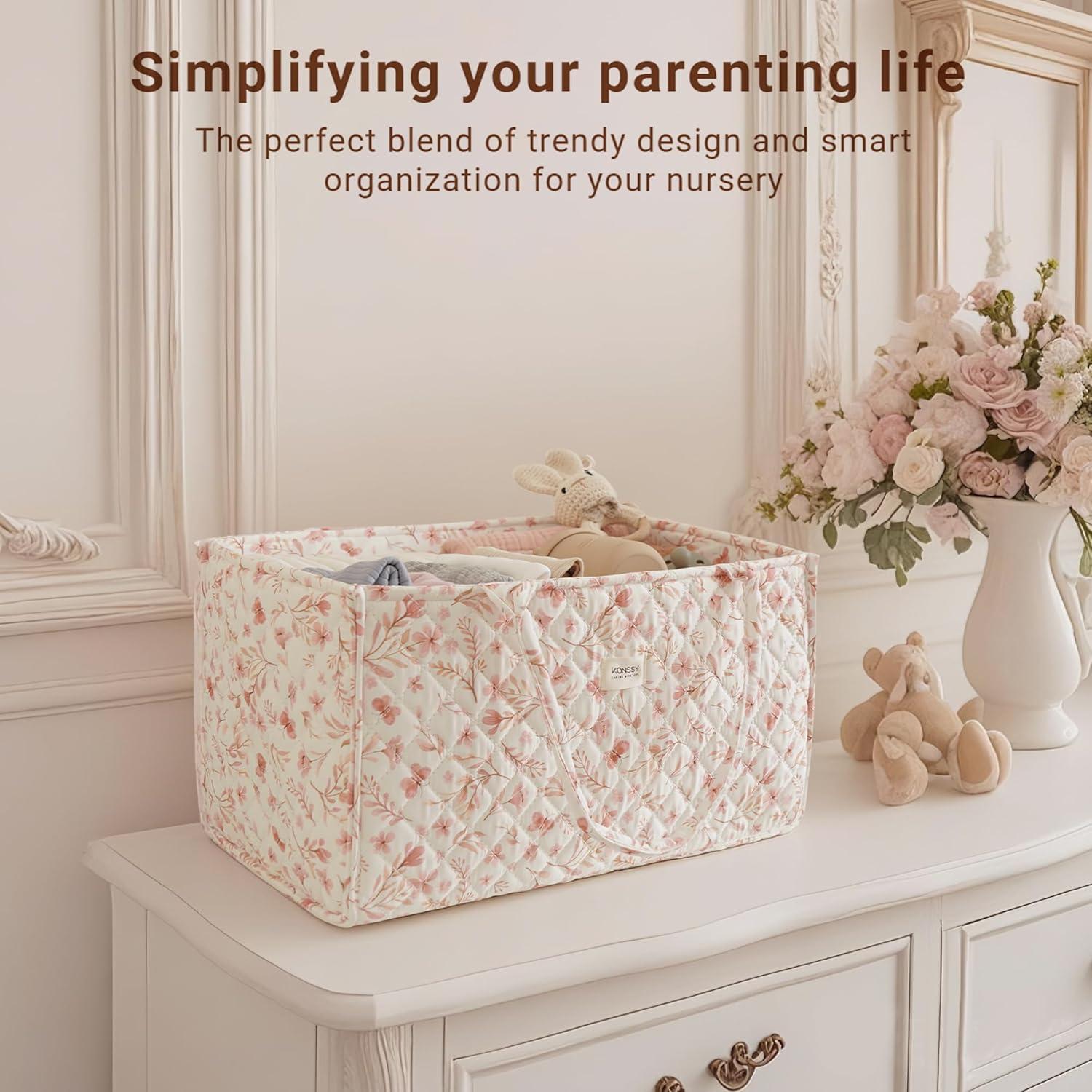 imageKonssy Baby Diaper Caddy Organizer with Removable Divider Portable Diaper Bag Newborn Essentials Gift for Baby Shower and Registry Nursey Basket Tote Bag Must Have for MomsPink Spring