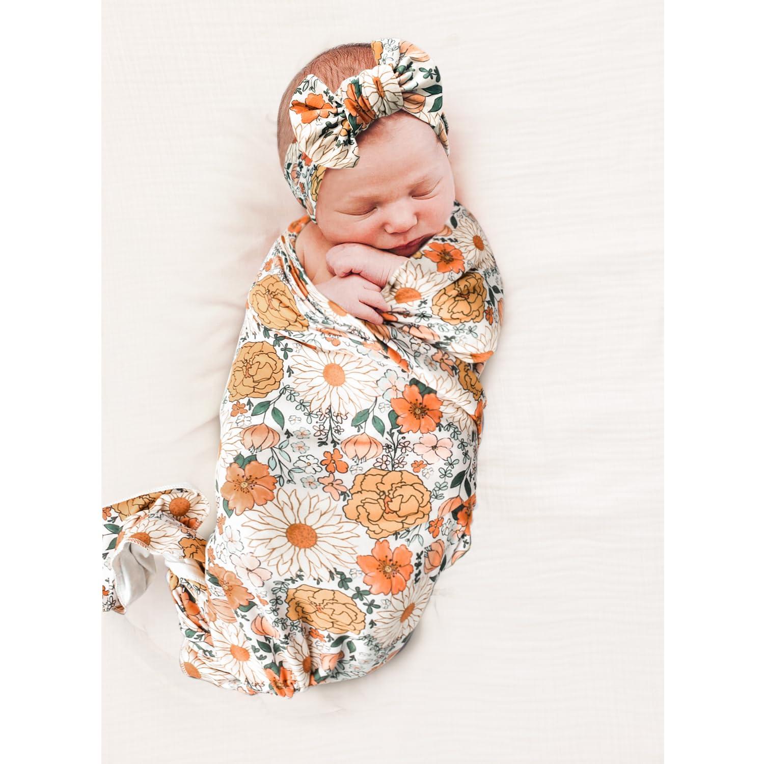 imageKonssy Baby Girl Newborn Receiving Blanket with Headband Set Baby Swaddle Nursery Swaddle WrapBeige