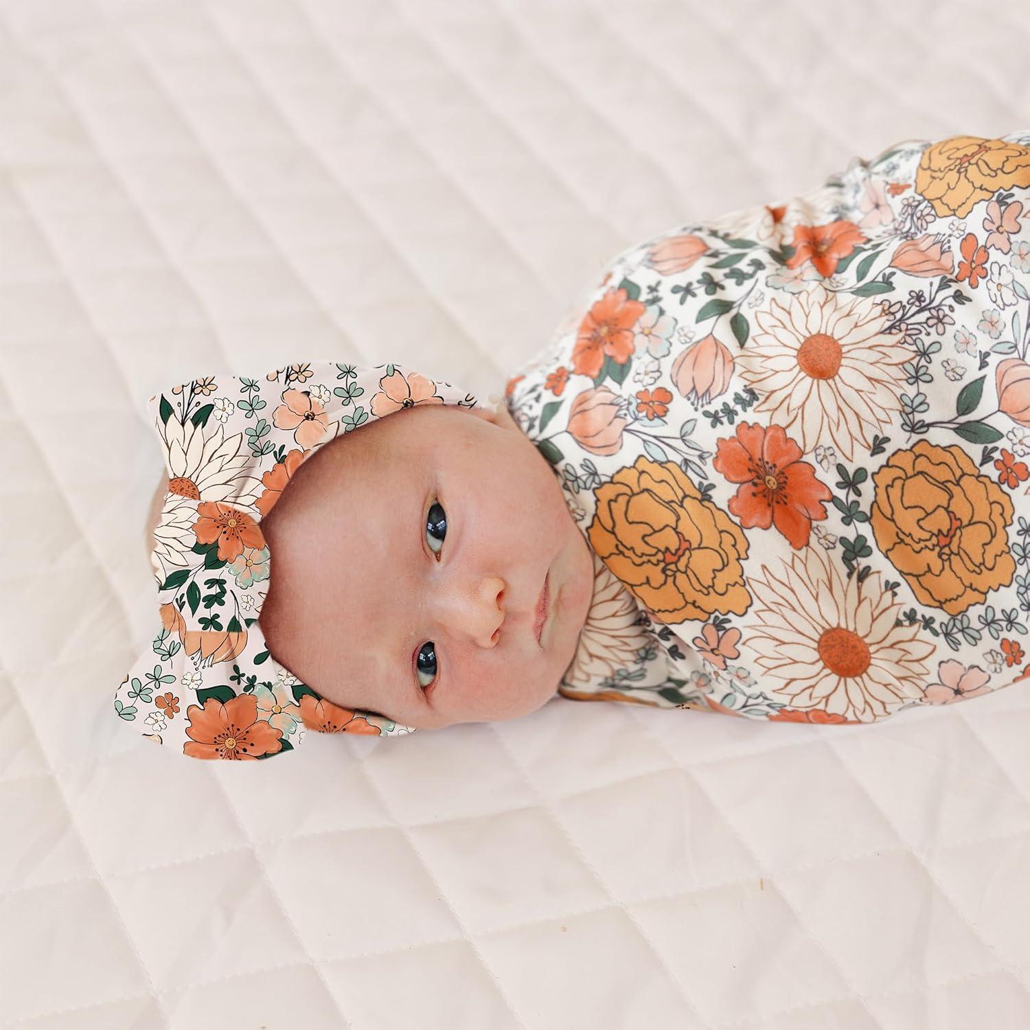 imageKonssy Baby Girl Newborn Receiving Blanket with Headband Set Baby Swaddle Nursery Swaddle WrapBeige