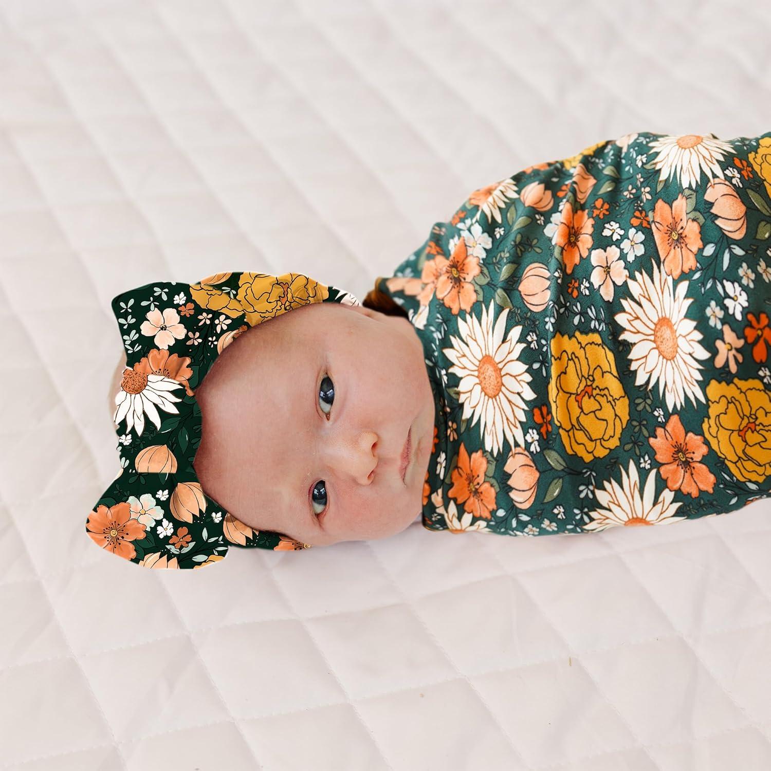 imageKonssy Baby Girl Newborn Receiving Blanket with Headband Set Baby Swaddle Nursery Swaddle WrapGreen